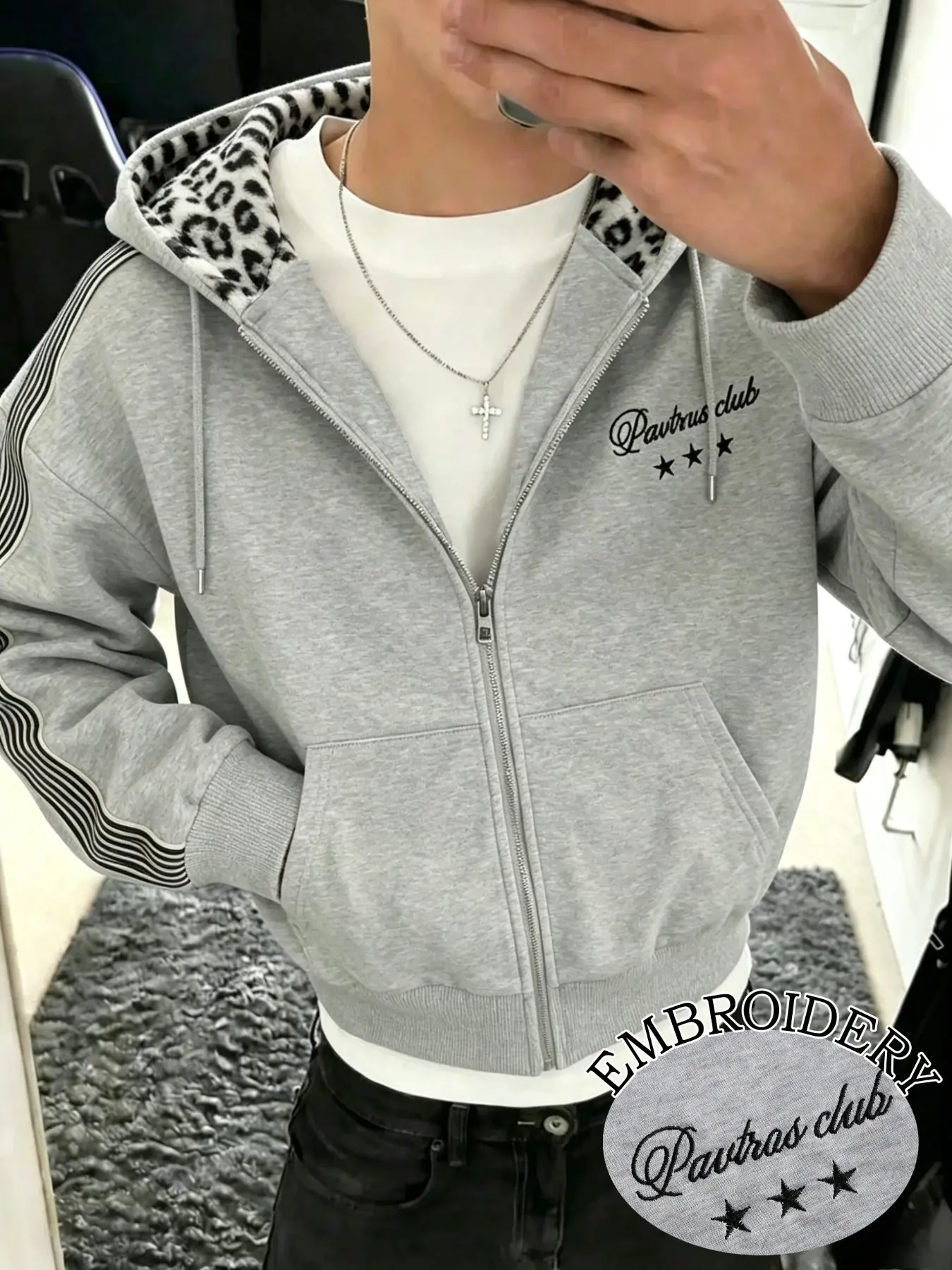 Men's Thick Soft Fleece Lined Short Zipper Hoodie, Loose Street Style Top, Leopard Print Hood, Pavtras Club Embroidery, Spring Fall Casual Outerwear