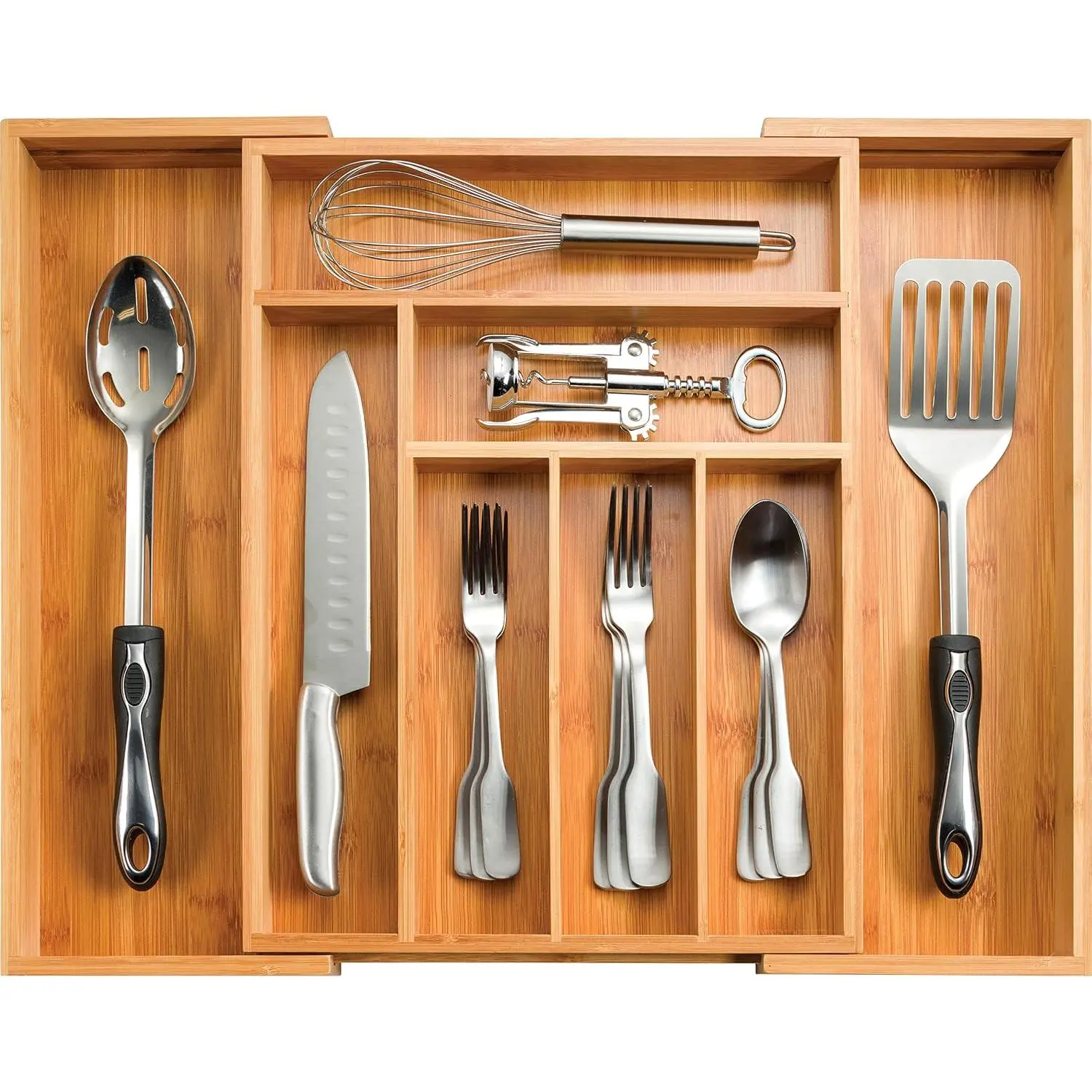 Drawer Organizer - 8 Compartment Expandable Silverware Organizer and Utensil Holder, 17 Inch Long, 13 to 22 Inch Wide, 2 Inch Deep Kitchen Cutlery Tray Insert for Flatware  Large Utensils
