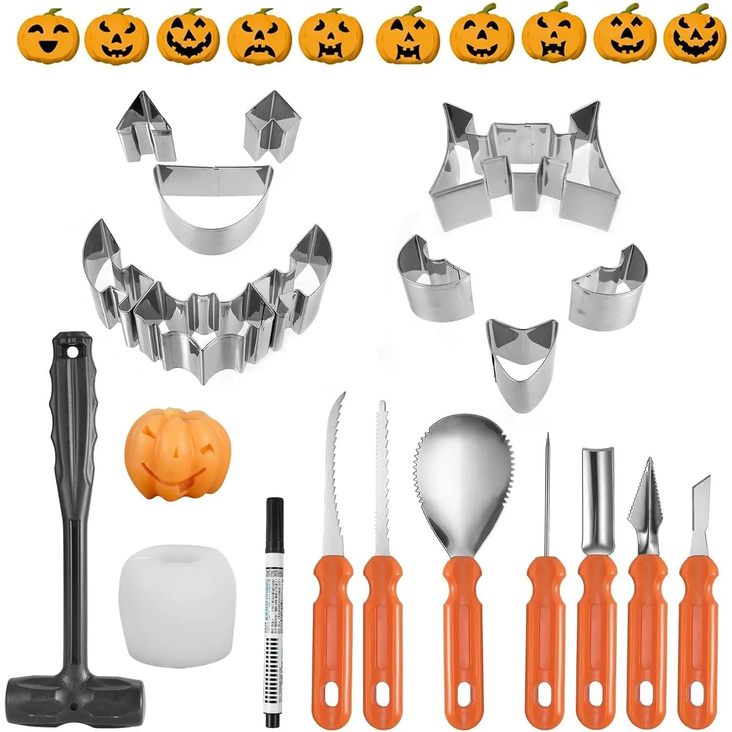 20Pcs Complete Halloween Pumpkin Carving Set Including 10Pcs Pumpkin Face Stencils 7Pcs Carving Kits 1 Mini Hammer 1 Candle Mold 1 Marker Pen