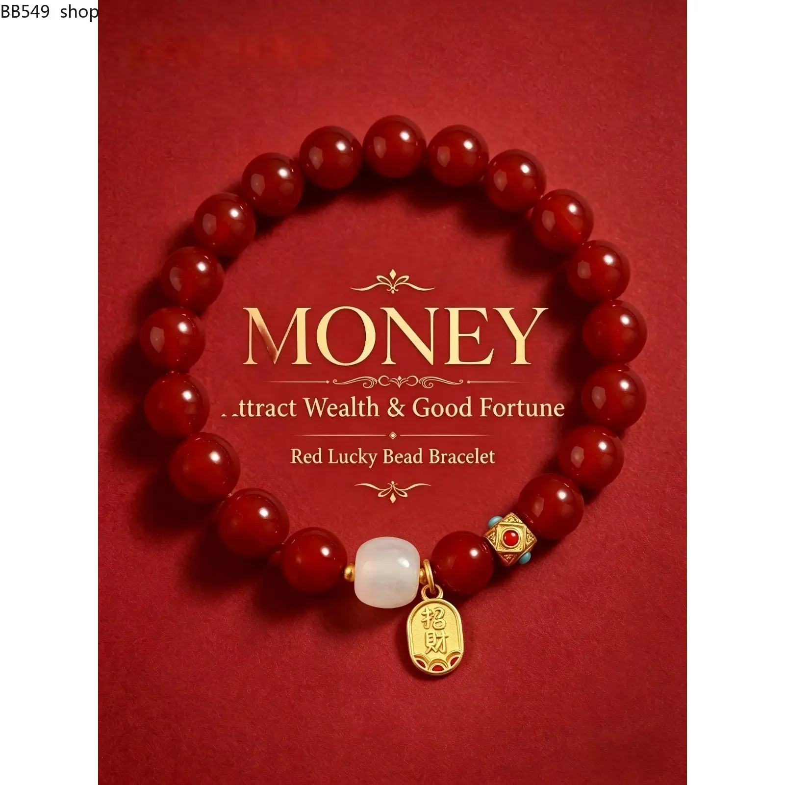Red Agate Wealth Pendant Bracelet – Lucky Bracelet – Attracts wealth, prosperity, and abundance; elegant red bead bracelet; perfect gift for friends and family; 10 mm bead diameter