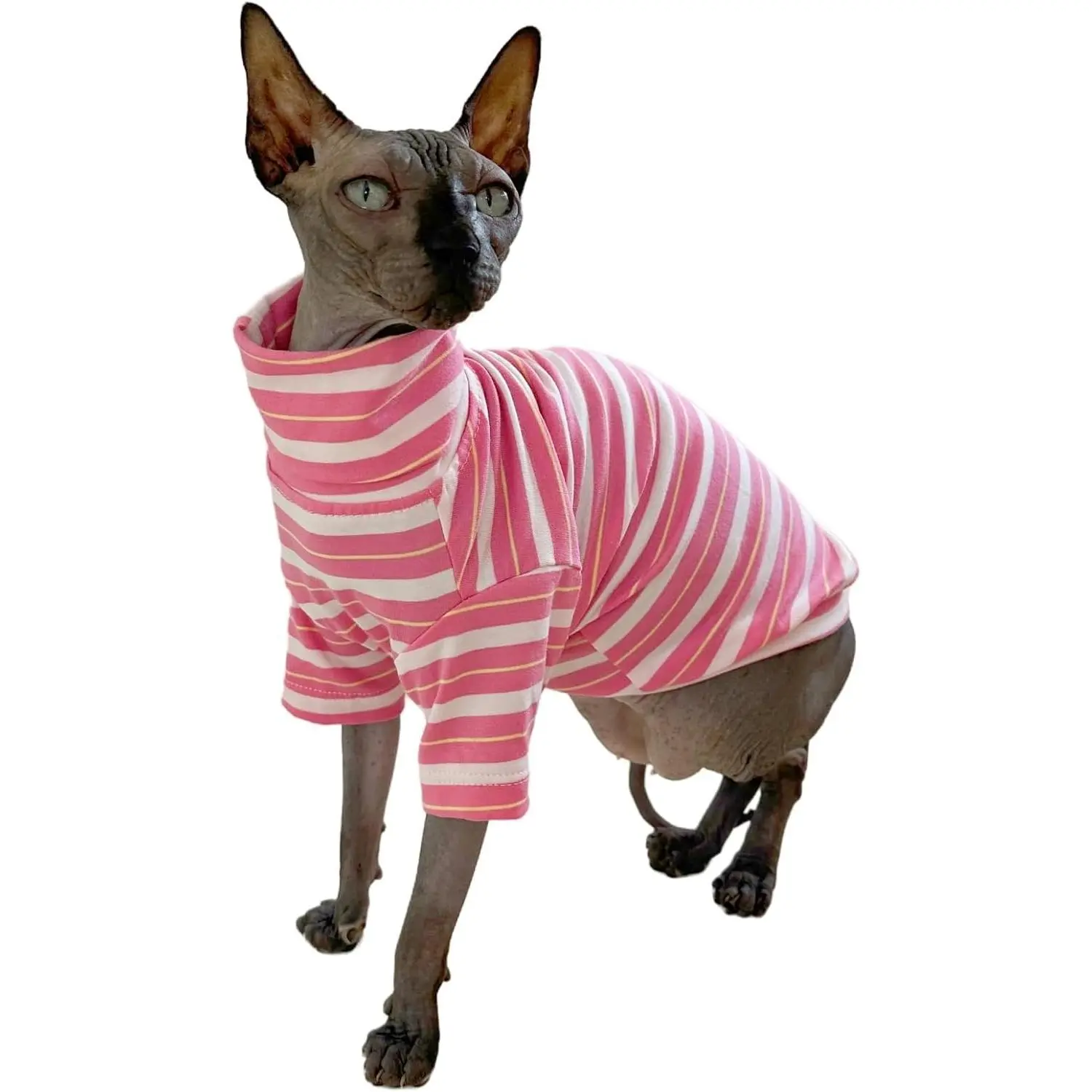 Vintage Stripes Sphynx Hairless Cats Turtleneck Shirt Cotton for Sphinx Cat, Turtleneck Pet Clothes, T-Shirts with Sleeves,Soft Material, Four Season Sweater, Cats & Small Dogs Apparel