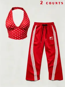 Women's 2-Piece Sporty Casual Set, Retro Y2K Style, Deep V Backless Top, High-Waisted Wide Leg Pants, Perfect for Summer