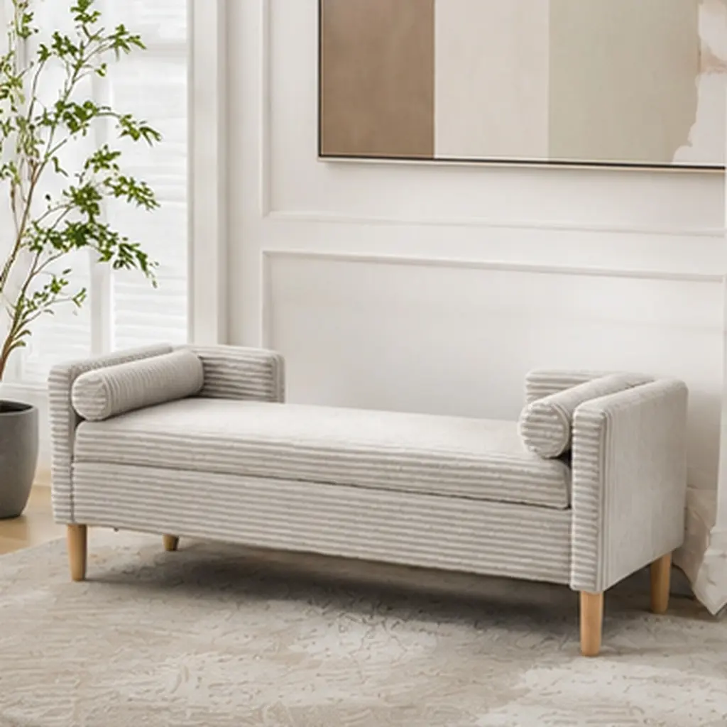 ARCH 64.7"W Upholstered Corduroy Flip-Top Storage Bench with Armrests Backrest 2 Bolsters Rubberwood Legs, End of Bed Footrest Window Seat for Living Room Hallway Entryway Bedroom, Multiple Color Options, Blue/Charcoal/Coffee/Ivory Color Options