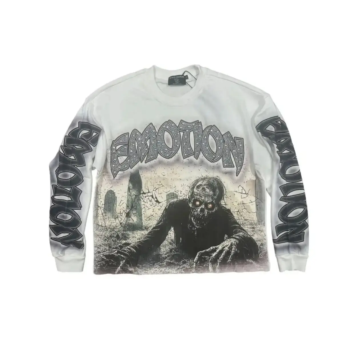 MIXED EMOTION Zombie Skull Rhinestone Long Sleeve Graphic Tee, 100% Cotton Oversized Gothic Streetwear Top, Y2K Grunge Hip Hop Casual Unisex Fashion