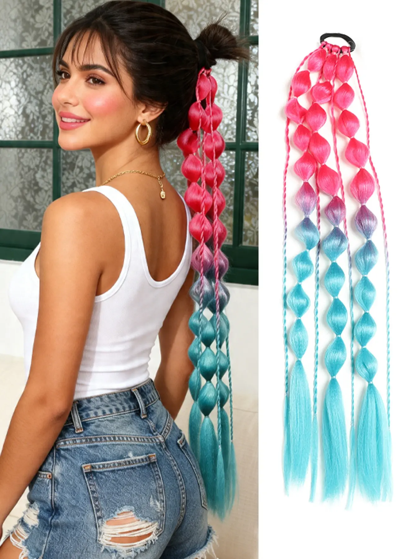 26 Inch Gradient Pink and Blue Gradient Bubble Braided Ponytail Hair Extensions, Elastic Wrap Around Bubble Ponytail with Hair Band, Soft Light Synthetic Fiber Ombre Bubble Braid Hairpiece for Women Party Cosplay Daily Hairstyle