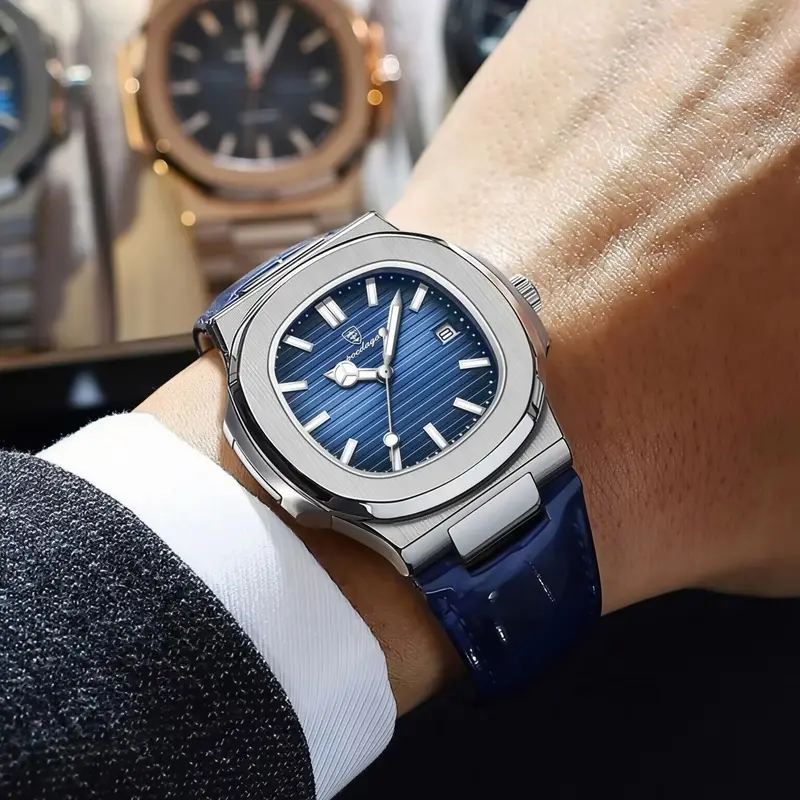 Men's Fashion Luminous Waterproof Analog Watch with Date Display, Stainless Steel Case, PU Leather Strap, Quartz Movement, Casual Trendy Wristwatch, Quartz Watches