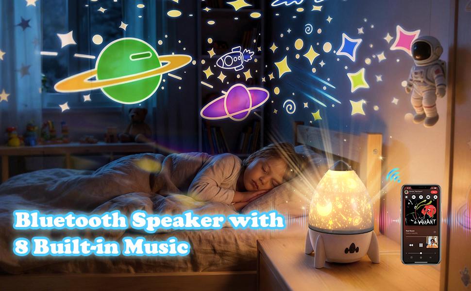 Rocket Projector Night Light for Kids with Bluetooth Speaker, Rechargeable Star & Galaxy Projector, 360 Rotating Space Light with 8 Films, 4 Colors, Timer & Remote Control