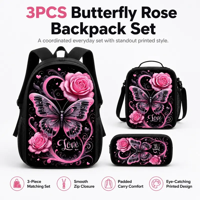 Three-piece butterfly and rose themed backpack set (includes pencil case and shoulder bag) - Large capacity school bag, suitable for female middle school students, high school students, and college students, ideal for daily commuting and casual use