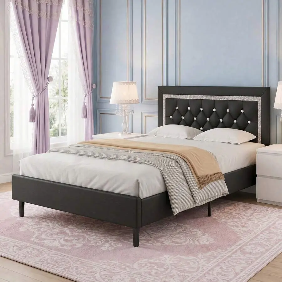 Upholstered Bed Frame With Headboard, Modern Bed Frame With Diamond Tufted Headboard, PU Leather Bed Frame, No Box Spring Needed, Easy Assembly, White/ Black/ Pink, Twin/ Full/ Queen