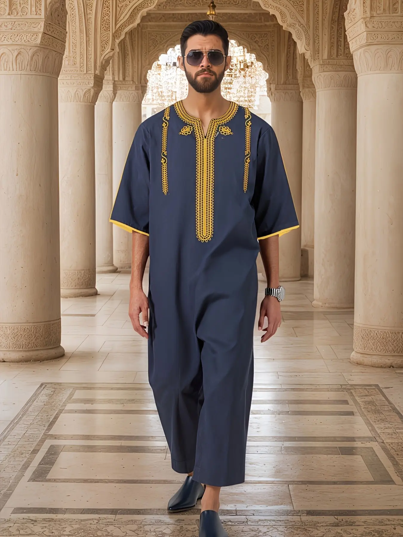 Vintage Embroidered Round Neck Men's Long Robe, Middle Eastern Loose Home Wear, Eid Al Fitr Ramadan
