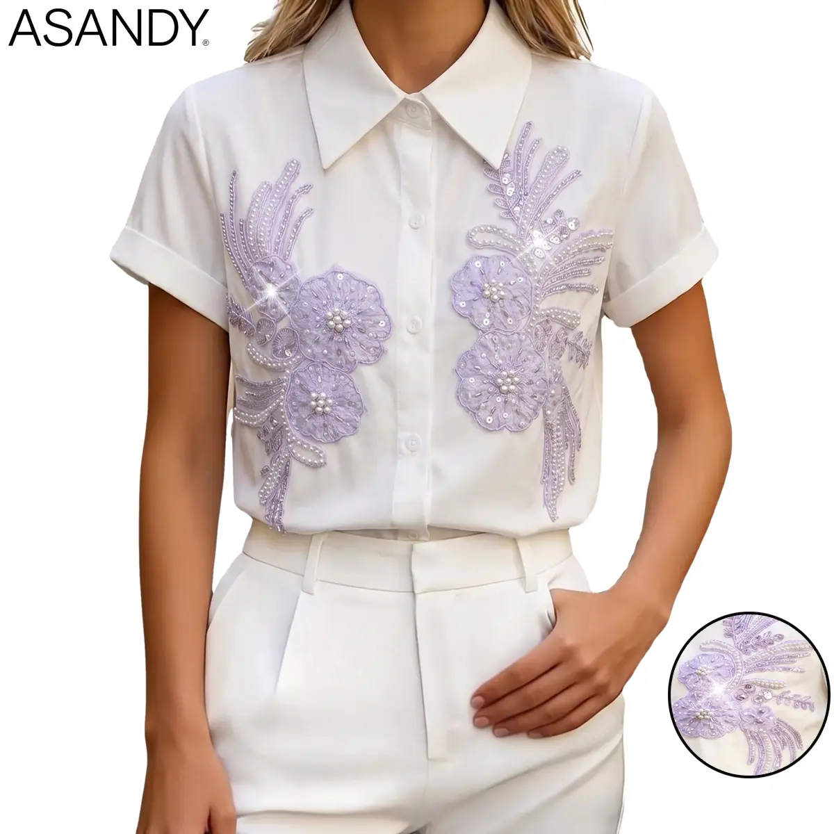 ASANDY Women's Lavender Floral Short Sleeve Blouse - Collared Button-Down with Pearl Beaded Bow, Everyday Top for Jeans, Shortsleeve, Shirt, Oversized, Floral Print, Casual, Lady