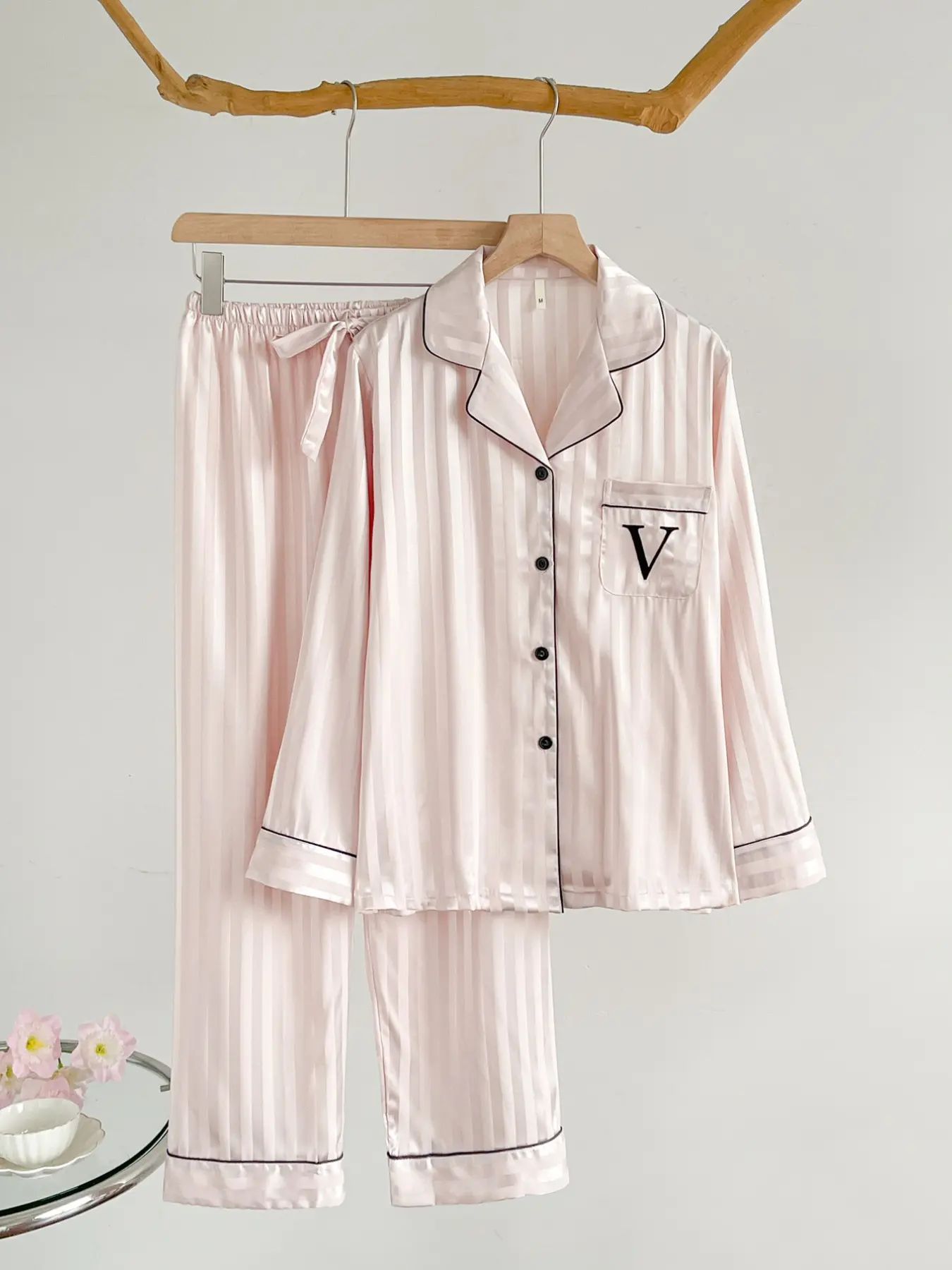 Women's Striped Embroidered  Pajamas Set Long Sleeve Pants Collar Home Wear Loungewear Sleepwear 2pcs set