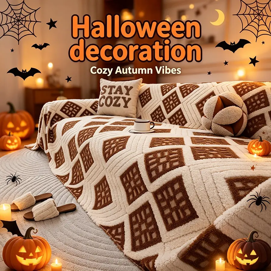 Halloween Theme Plush Sofa Cover, Non-Slip All-Season Couch Protector, Bohemian Style, Pet-Friendly, Luxury Soft, Easy Care