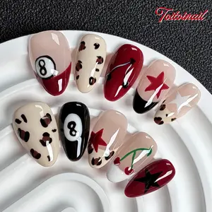 10pcs Handmade Almond Press-On Nails, Fake Nails Set, Decorative Nails, American Retro Style with Leopard, Cherry Accents, Reusable Wearable False Nails, Comfortable Fit, Easy To Apply & Remove, Ideal for Party, Street, Daily & Date Wear
