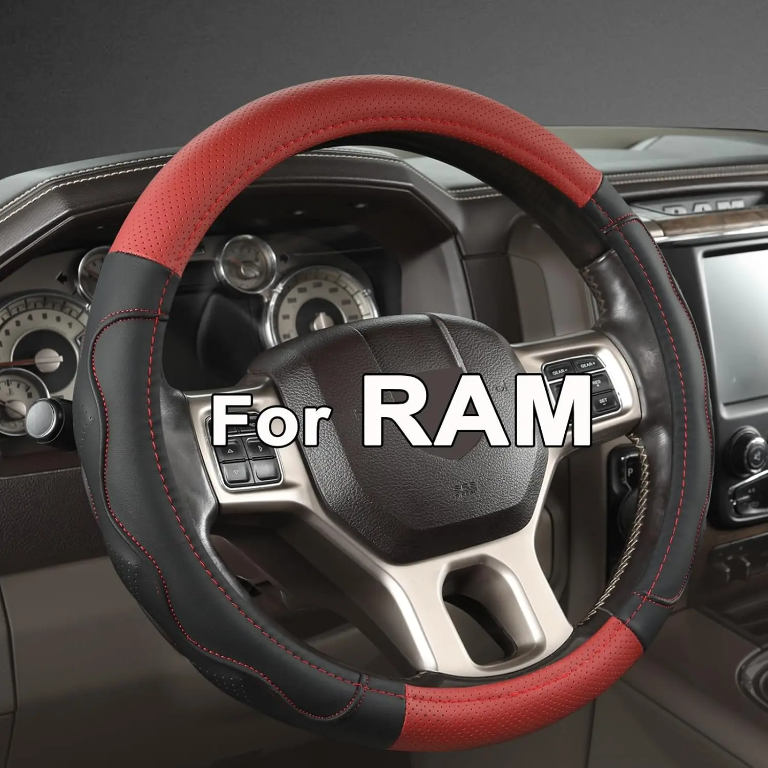West Llama Custom Fit Leather Steering Wheel Cover - Fits Nitro, Caravan, RAM Trucks 1500/2500/3500, Large Size (15''-16''), Anti-Skid Vein, Durable, Easy Install, Comfortable Touch, B-Red+Black/C-Black Options