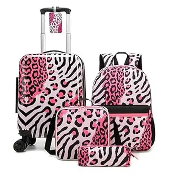 Pink Leopard Zebra Kids 4PCS Travel Set - Hardside Luggage, Backpack, Lunch Bag & Pencil Case | Trendy Animal Print for Girls