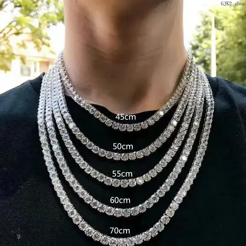 Men's Silver-Plated Full Pave Cubic Zirconia Iced Out Tennis Chain Necklace, 45-70cm Chunky Statement Costume Jewelry, Hip Hop Party Wear Daily Versatile Men's Jewelry Gift