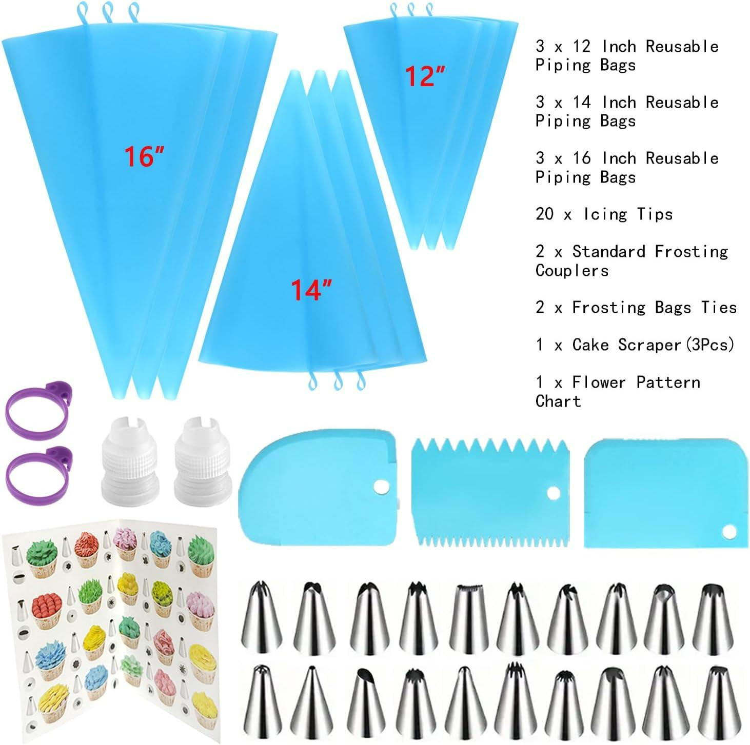 Reusable Piping Bags & Tips Set – 3 Sizes Silicone Pastry Bags (12’’+14’’+16’’) with Icing & Frosting Tips, Complete Cake Decorating Kit for Cupcakes, Cookies, Deviled Eggs & Baking Accessories