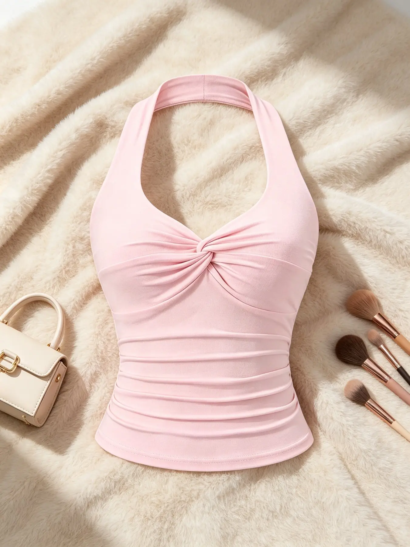 Women's Minimalist Solid Color Halter Top, Casual Knot V-Neck Pleated Slim Fit Short Sleeveless Crop Top, Elastic Backless Shirt for Summer