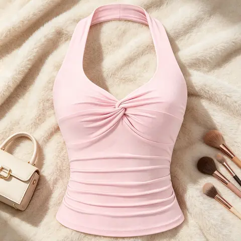 Women's Solid‑Color Halter Top, Casual Knot V‑Neck Ruched Slim‑Fit Sleeveless Crop Top, Elastic Backless Vest Top for Summer