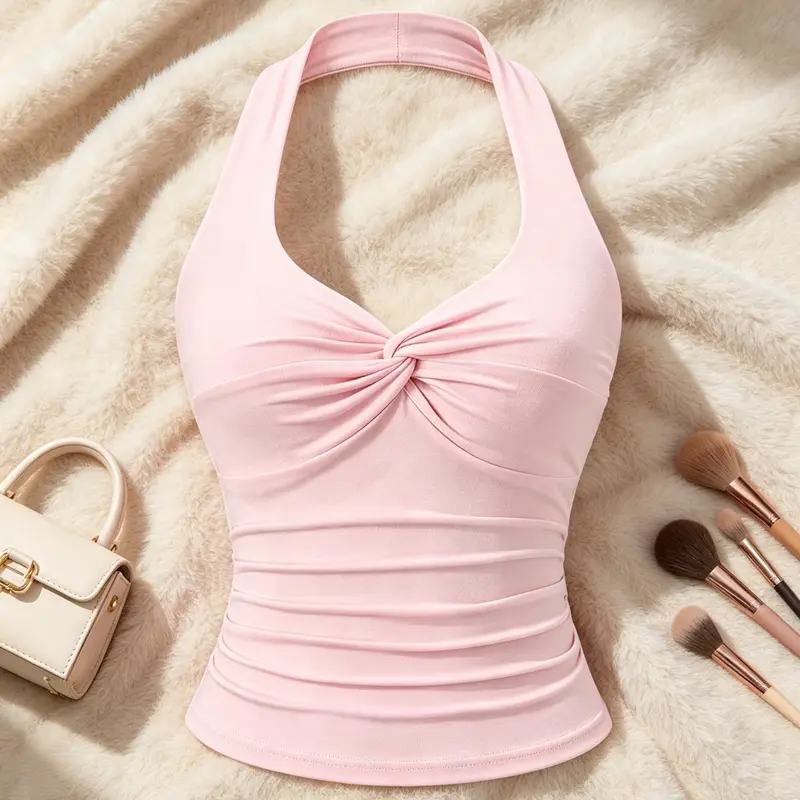 Women's Solid‑Color Halter Top, Casual Knot V‑Neck Ruched Slim‑Fit Sleeveless Crop Top, Elastic Backless Vest Top for Summer