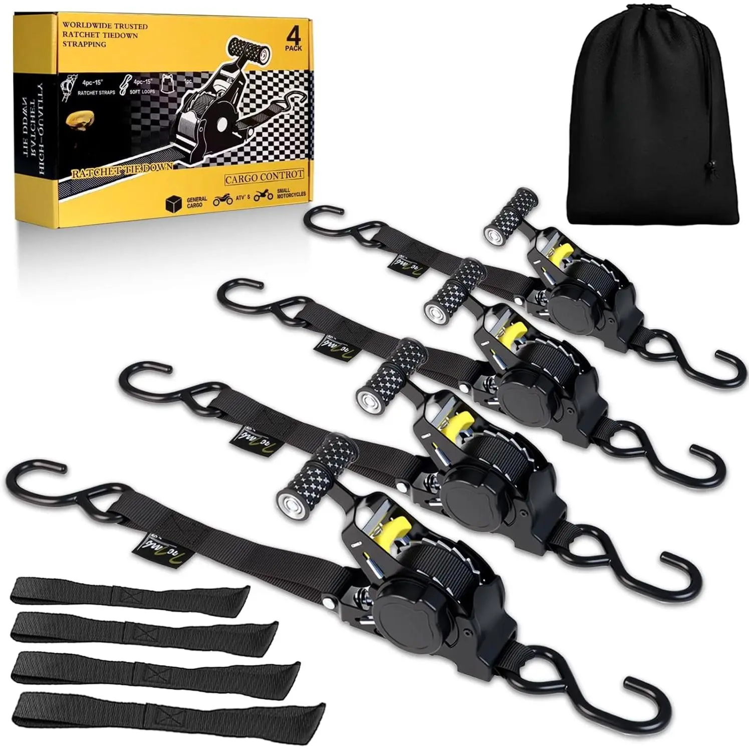 Retractable Ratchet Straps with Auto Retraction - 1" x 10' Heavy Duty Tie Down Straps with Soft Loops, Padded Grip for Cargo Tying (4-Pack)