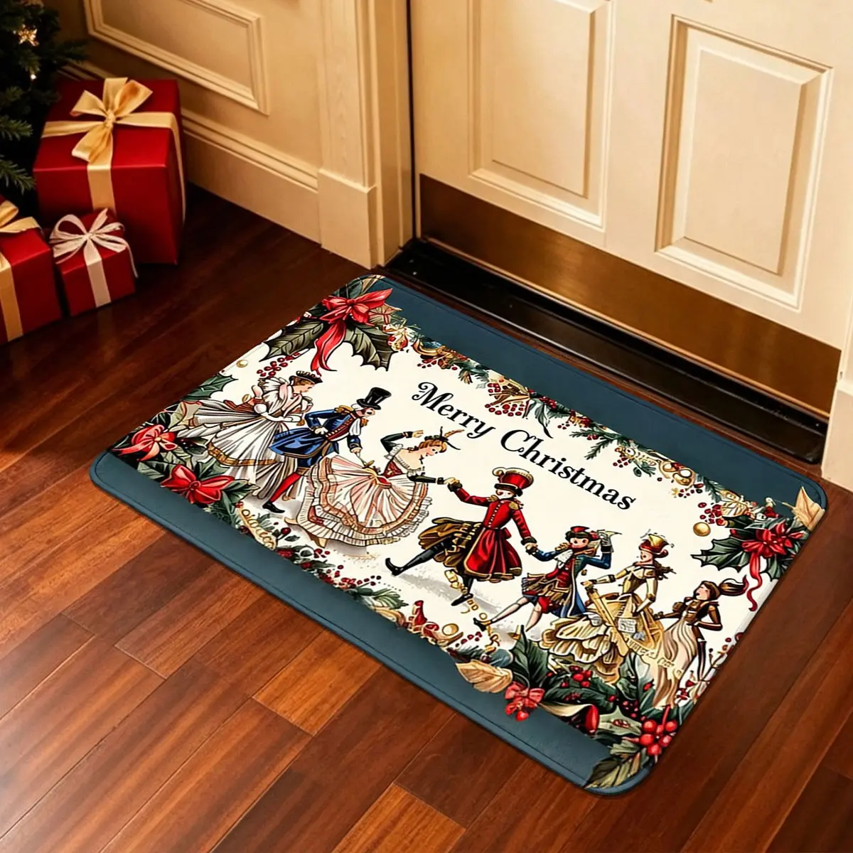 1pc Classical Oil Painting Hand-in-Hand Dancing Nutcracker with Merry Christmas Entryway Mat, Non-Slip Absorbent Dirt-Trapping Door Mat for Front Door Entryway Hallway Courtyard Kitchen Bathroom, Polyester Short Plush Soft Skin-Friendly Easy Clean