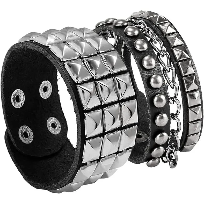 Punk Bracelet for Men Women, Goth Leather Wristband with Metal Studded
