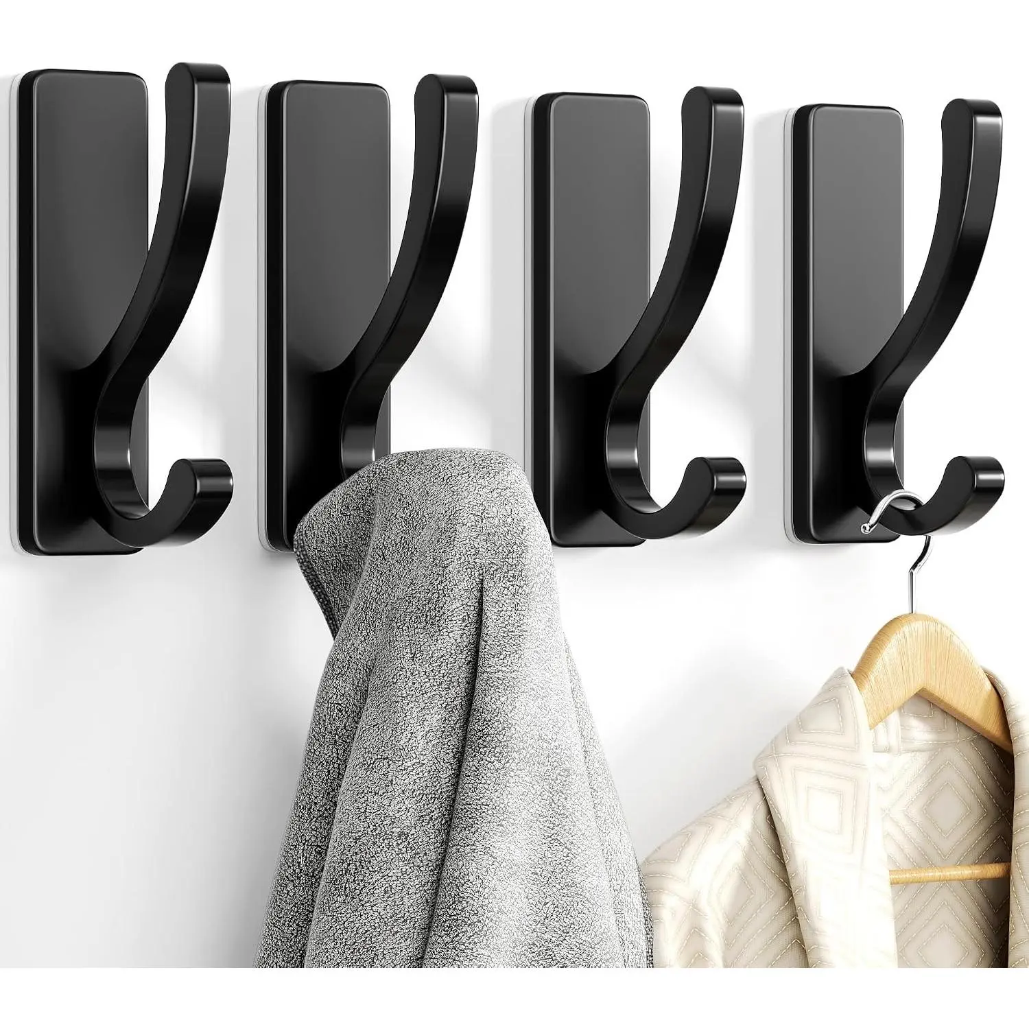 Heavy Duty Stick-On Wall Mount Adhesive Hooks (4 Pack, Black) - Supports 13lbs, No Wall Damage, for Towels, Coats, Purses, Robes - Ideal for Bathroom, Dorm
