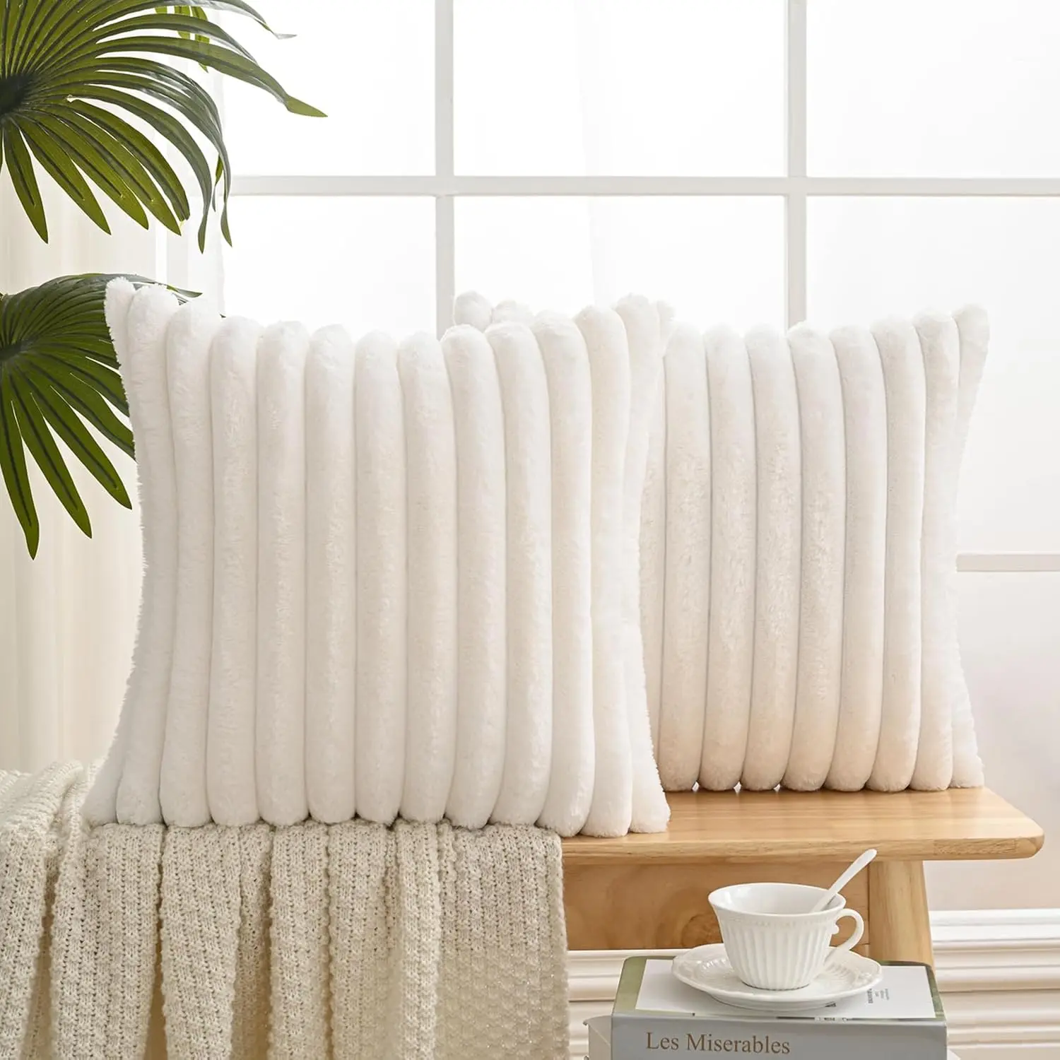 Set of 2 Faux  Plush Decorative Throw Pillow Covers 18x18 Inches, Striped Cushion Cases Soft  Accent Pillowcases for Sofa, Couch and Bed, Cream White