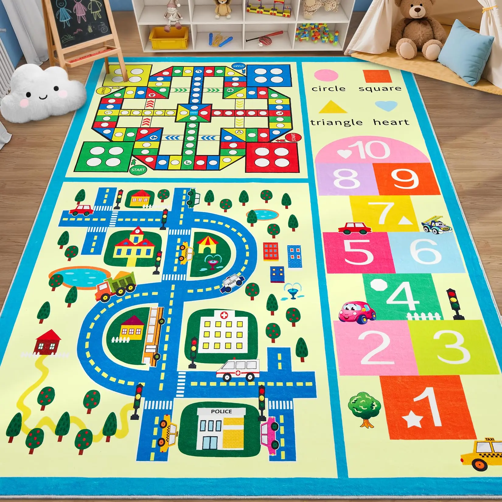Garvee Multi-Size Washable Non-Slip Educational Play Rug (4x6, 5x7, 8x10) with City Roads, Hopscotch, Colors, Numbers-Shapes for Playrooms, Classrooms, Nursery