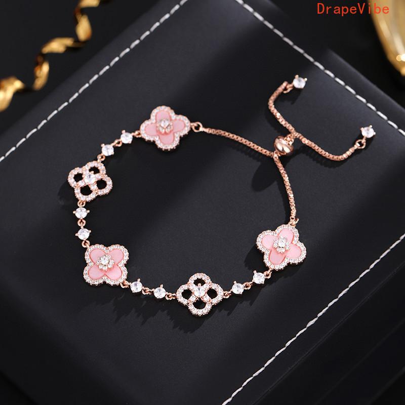 Pavé Zircon Clover Bracelet Rose Gold Tone Sweet Princess Style Light Luxury Daily Wear Jewelry For Women
