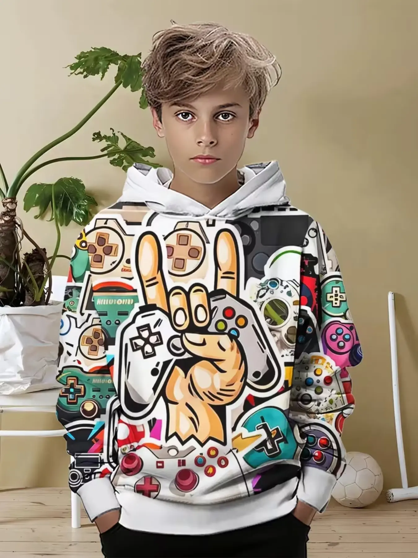 Boys' Teenage Cool Game Controller Pattern 3D Print Hoodie, Casual Loose-Fit Sweatshirt, Fall & Winter Fashion Streetwear