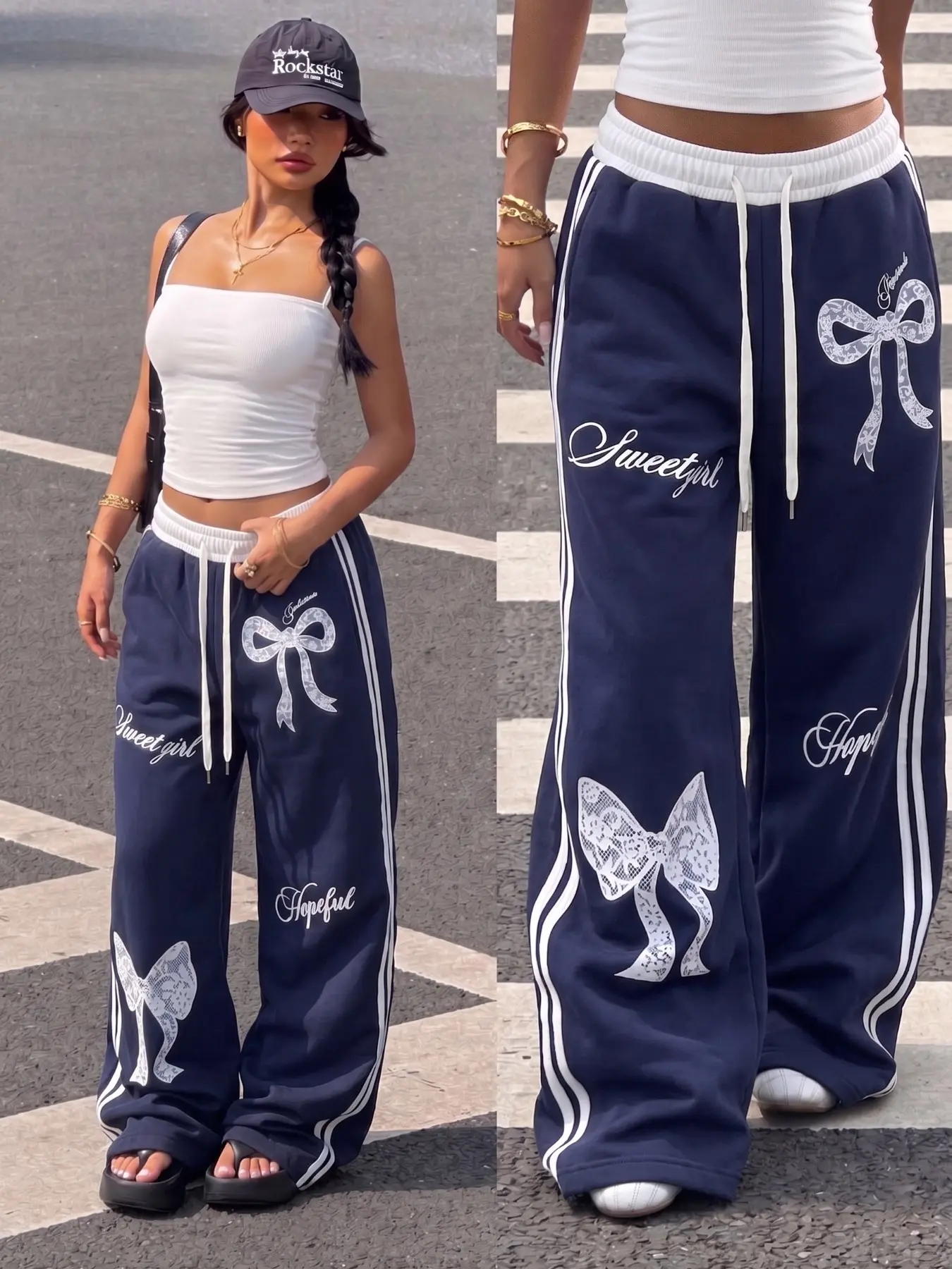 Women Campus Essential Oversize Wide Leg Track Pants Navy Contrast White Side Stripes Lace Bow Letter Drawstring Separable Casual Bottom