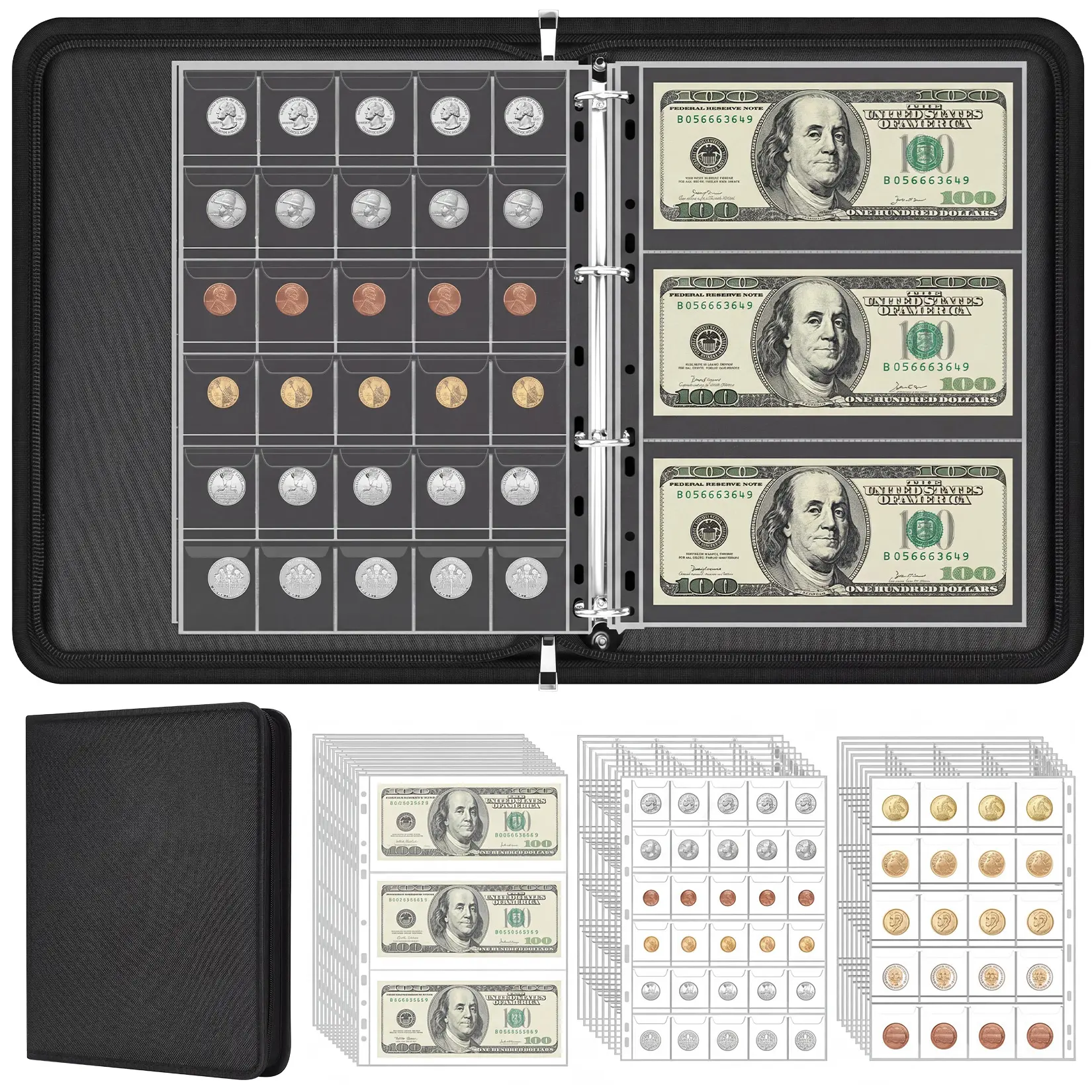 Fireproof Coin and Currency Album - PU Leather Binder Holds 400 Tokens & 36 Banknotes - Organizer with PVC Sleeves - Secure Memorabilia Storage Case