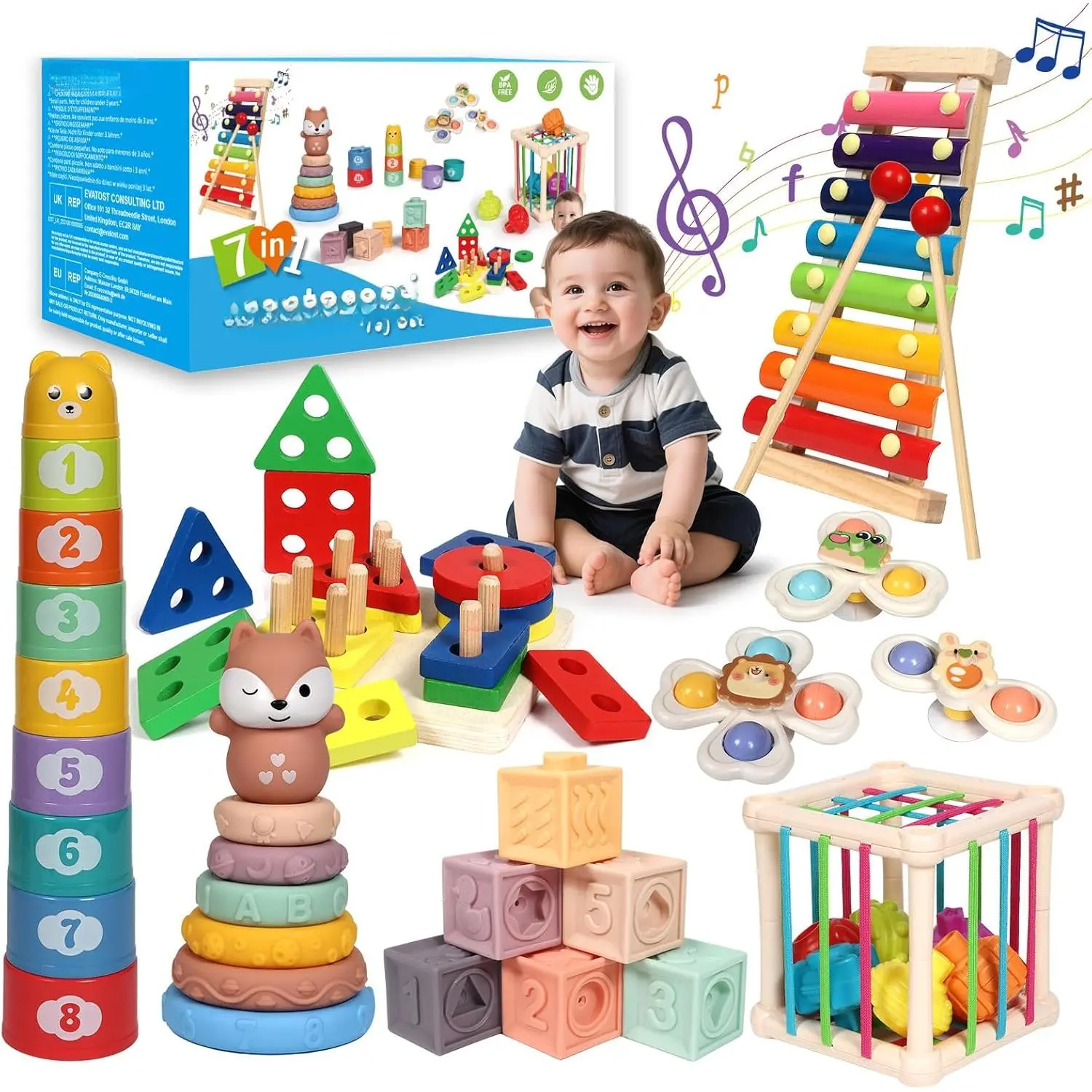 7-in-1 Multi-Functional Montessori Baby Activity Set - Unisex Colorful Geometric Stacking Blocks, Infant Teething Toy & Sensory Bin for 18-36 Months, Safe Materials Early Education Gift, Colorful Set, Geometric Shapes