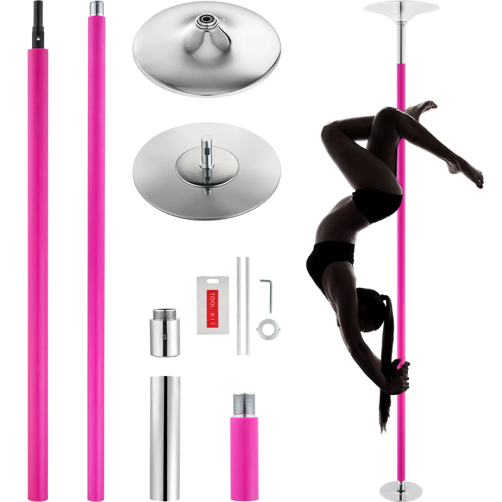 Professional Dancing Pole, 441 lbs / 200 kg Load Capacity, Height Adjustable Fitness Pole, Protective Silicone Rings, For Exercise Home Club Gym, Pink