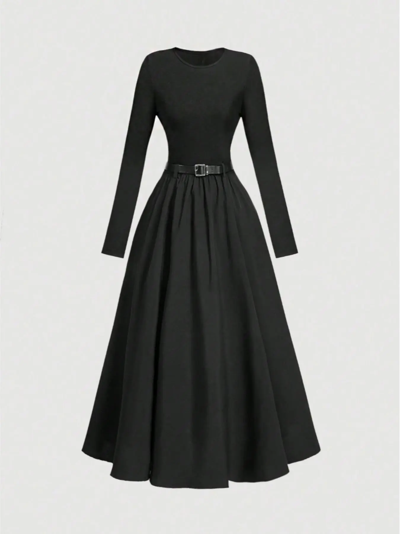 Women's Solid Color Long Sleeve Dress with Belt, Classy Modest Dresses, Elegant Fashion Casual Round Neck Dress for Daily Outdoor Wear, Women Dress for Spring & Fall, Modest Style Dress