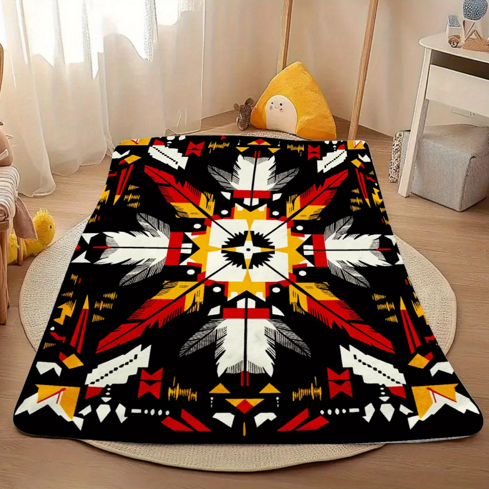 A Single Piece of a Soft And Lightweight Tribal Geometric Blanket Featuring a Southwestern Design in Black, Red, White, Gray, Beige, And Golden Brown. Suitable for All Seasons And Can Be Used on Sofas, Beds, During Camping