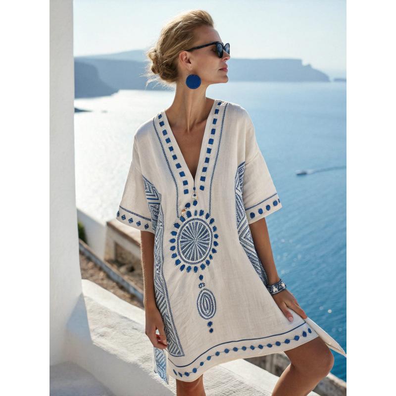 2026 New Hot-Selling Beach Vacation Style V-Neck Bohemian Printed Loose Beach Dress Vacation Style