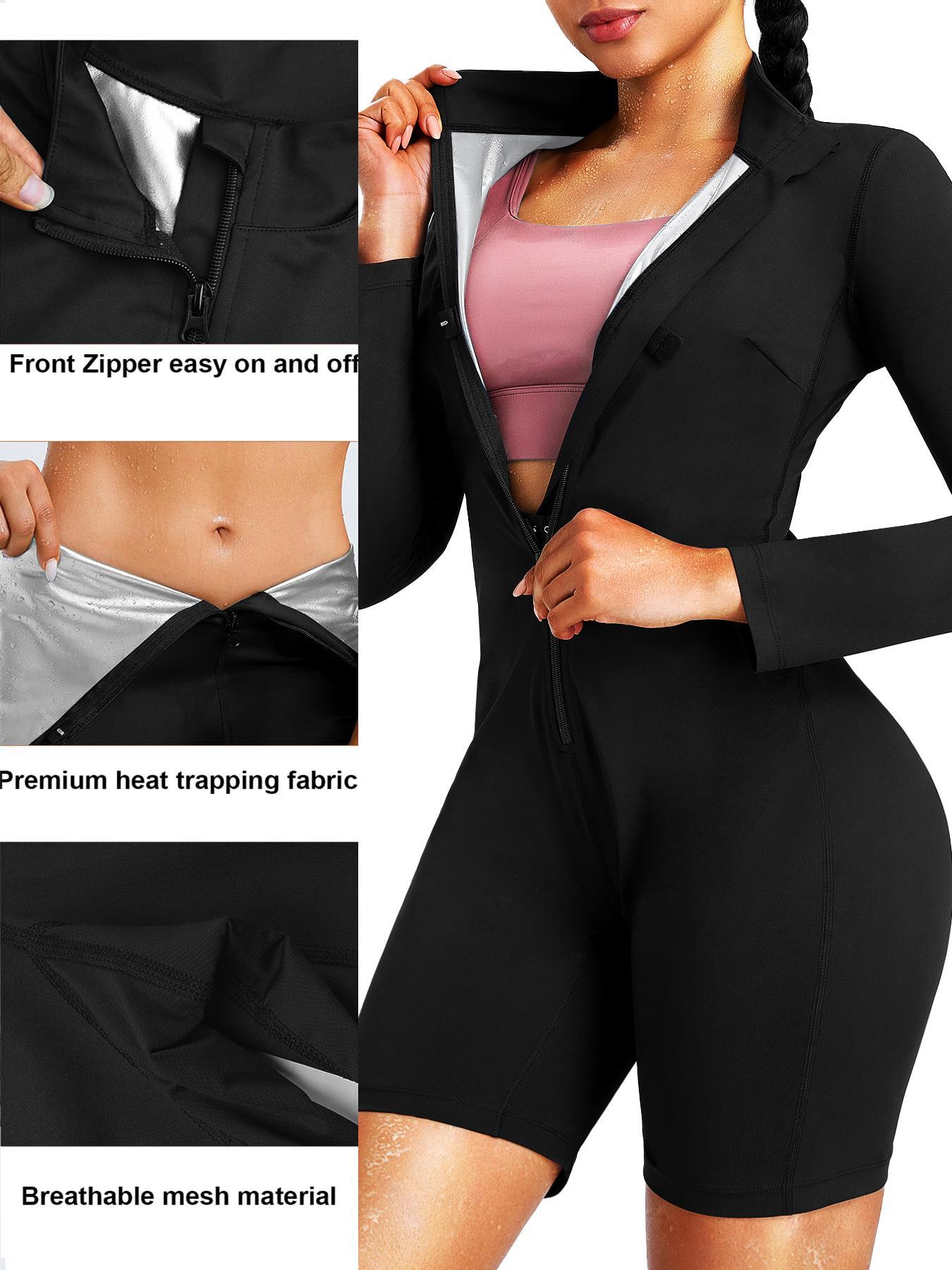 Women's body shaping + sauna sweating dual-function tummy control jumpsuit, thermal control fiber coated fabric promotes sweating and slimming, jumpsuit long sleeve shorts suitable for all seasons