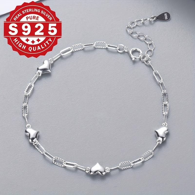 Sterling Silver 925 Bracelet For Women, 3D Heart Link Chain, Figaro Clasp, Elegant & Cute Style, Simple & Delicate Jewelry