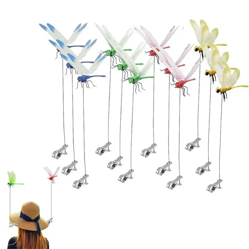 12-Piece Outdoor Fake Dragonfly Rod Clips, Garden Metal Dragonfly Clip, 3D Dragonfly Garden Decor, Bird and Insect Deterrent, Father's Day Gift