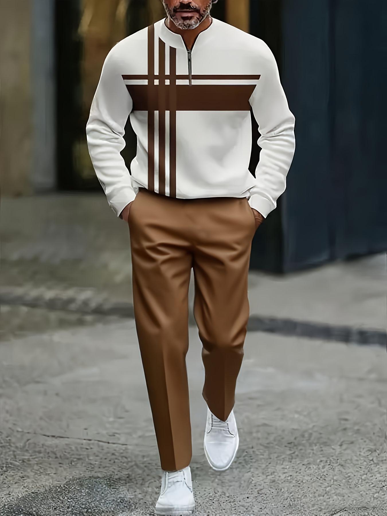 Half Zipper Fashion Casual Set with Trendy Personalized Stripe Design Simple Comfortable Versatile for Various Occasions