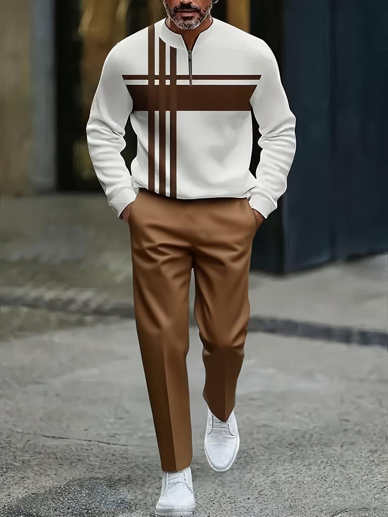 Half Zipper Fashion Casual Set with Trendy Personalized Stripe Design Simple Comfortable Versatile for Various Occasions