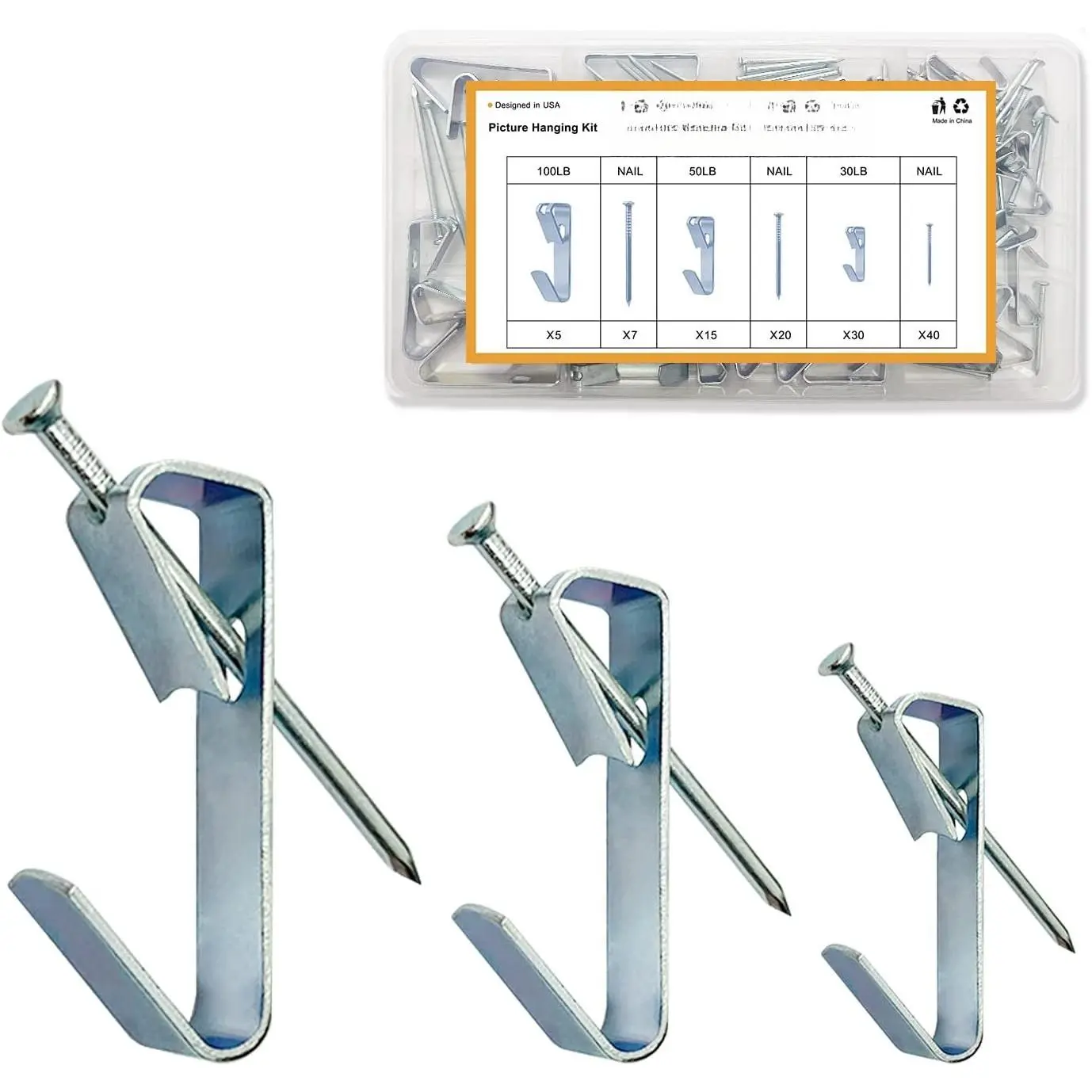 117 count Picture Hangers, 3 Size Picture Hooks Including 30/50/100lbs, Picture  Kit, Professional Plaster Picture  Kit for Wooden Wall or Drywall(50 Hangers+ 67 Nails)