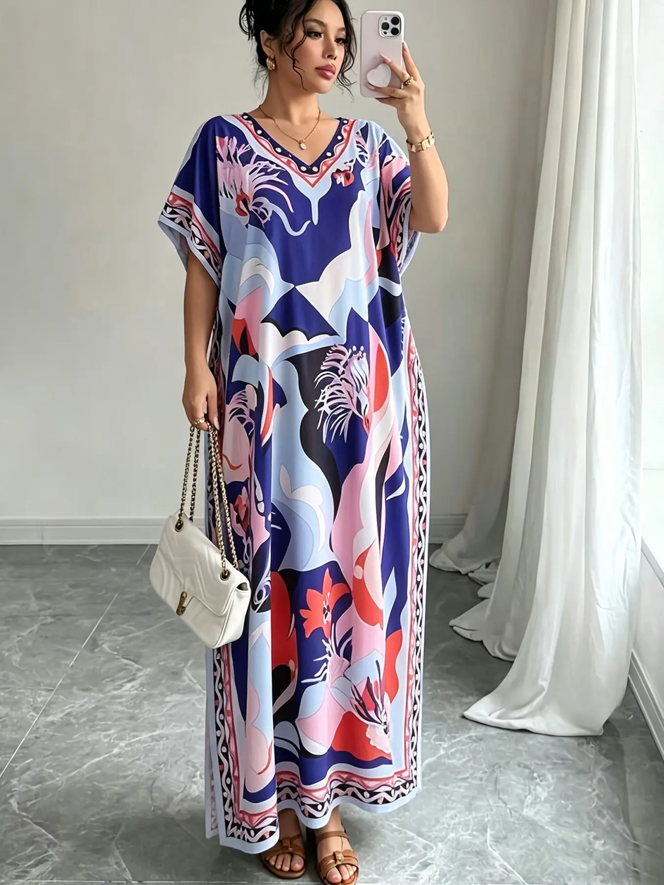 Women's Loose Long Dress with V-Neck, Floral Print and All Over Print, Middle Eastern Modest Muslim Abaya, Casual Beach Cover-Up for Vacation and Daily Wear