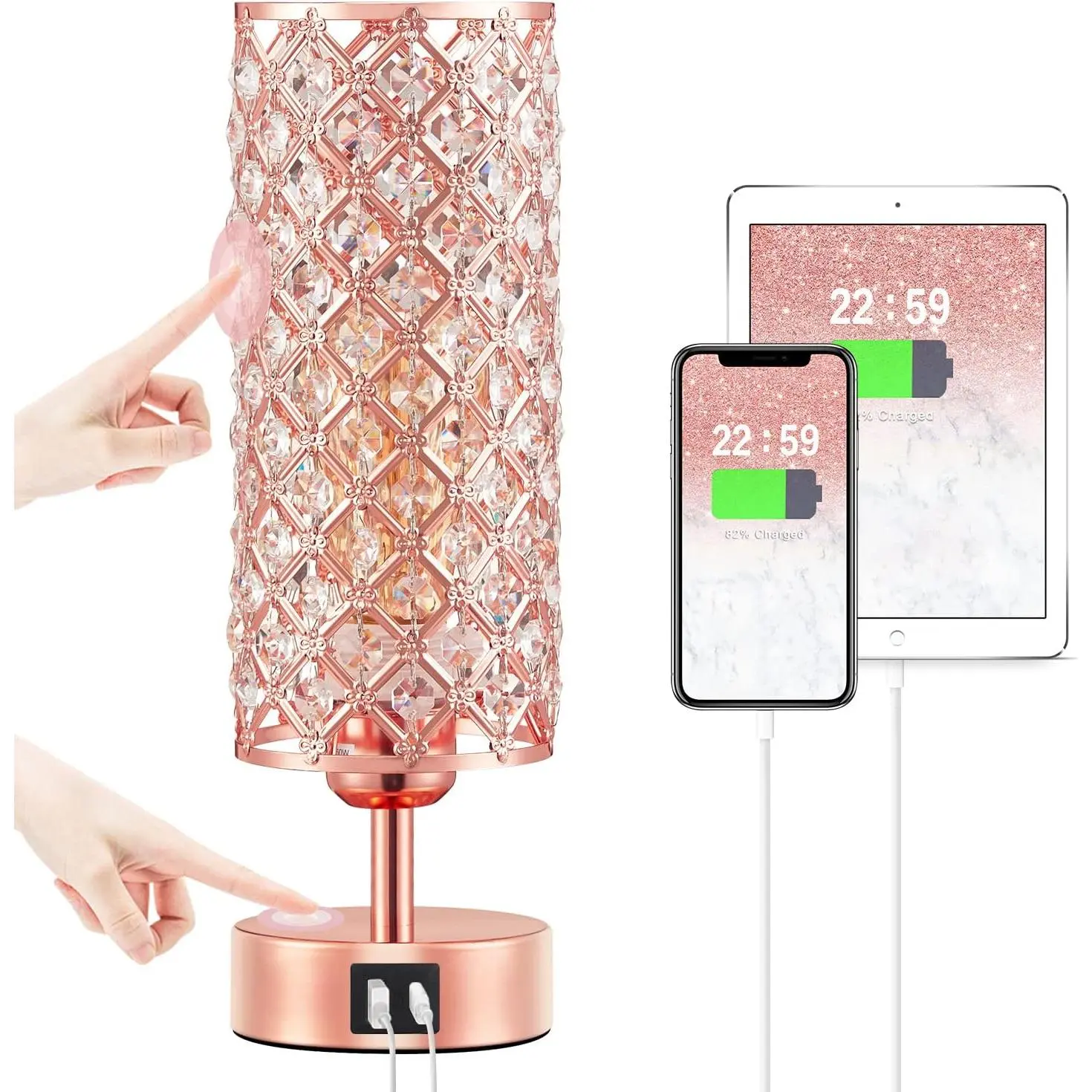 Luxury Rose Gold Crystal Table Lamp - 3-Way Dimmable Touch Control LED Light, with USB-C, USB-A Fastcharging Silent Ports, Nightstand Lamp for Bedroom, Home Office (Bulb Included), Table Lamps