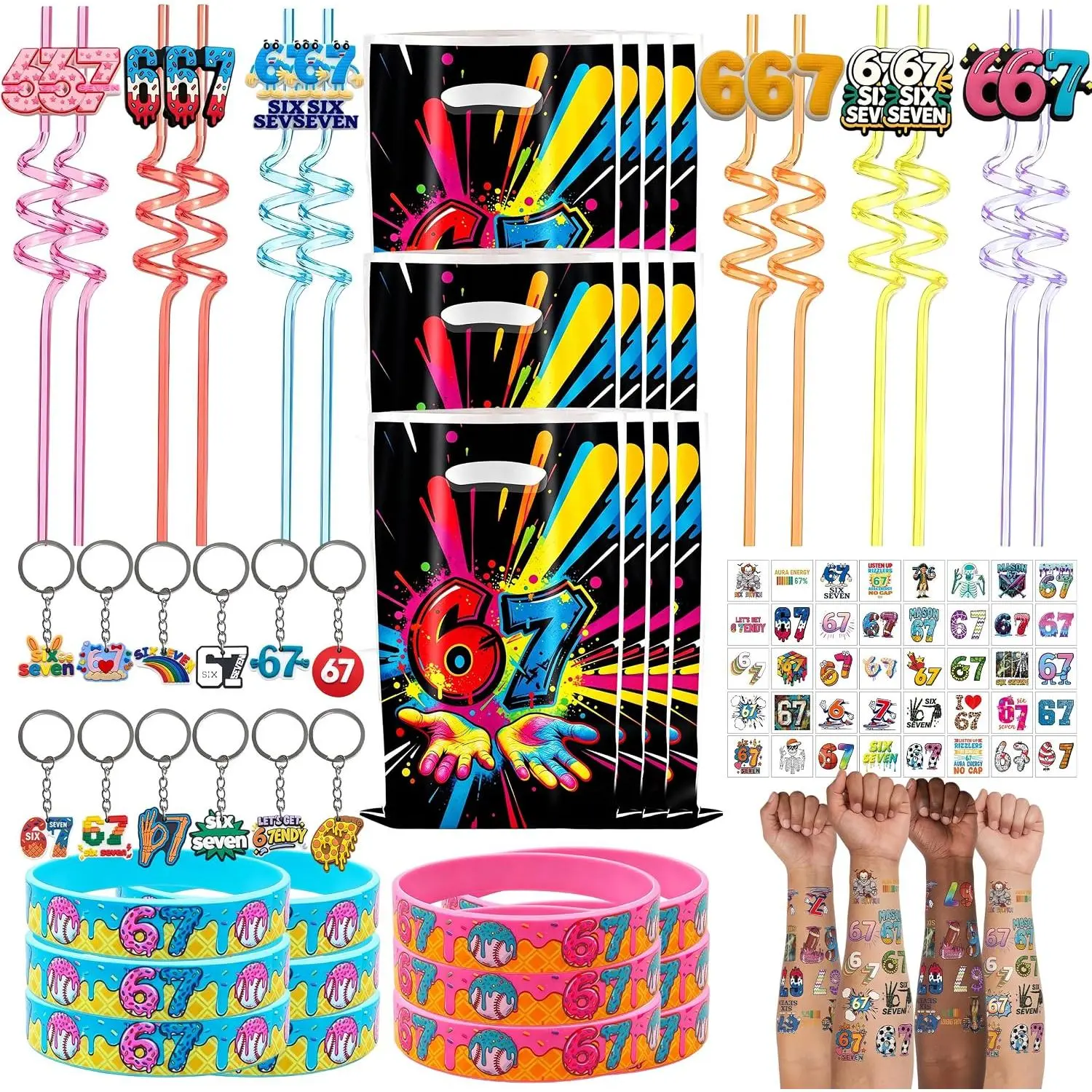 68 PCS 6 7 Party Favors Set with Six Seven Meme Drinking Straws, Silicone Wristbands, Keychains, Temporary Tattoo Stickers&Gift Bags, Goodie Bag Fillers for 67 Birthday Decorations,6-7 Brainrot Lovers