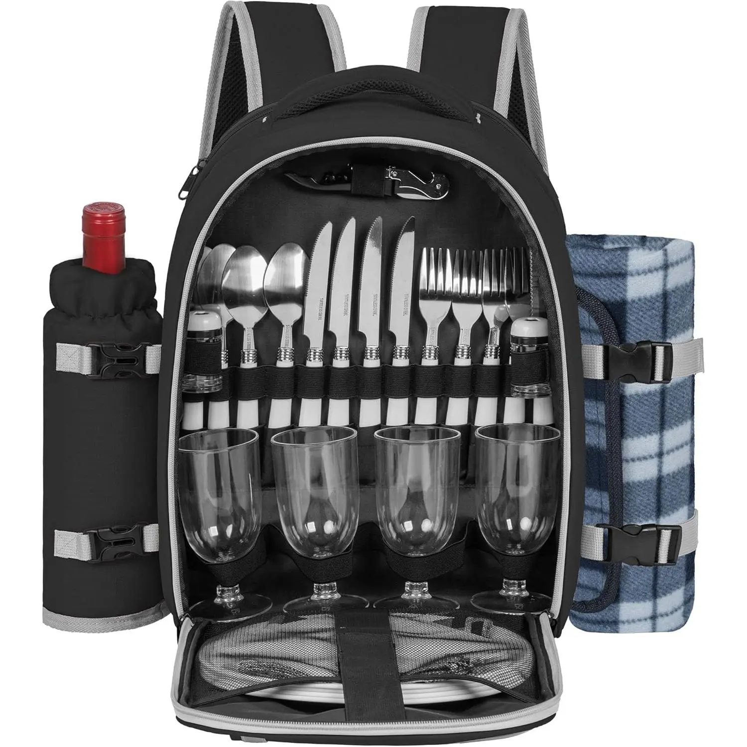 Picnic Backpack for 4 Persons with Insulated Leakproof Cooler Compartment, Cutlery Sets, Wine Holder, Fleece Blanket, Wedding Gifts for Couples, Perfect for Beach, Camping, Hiking, Black